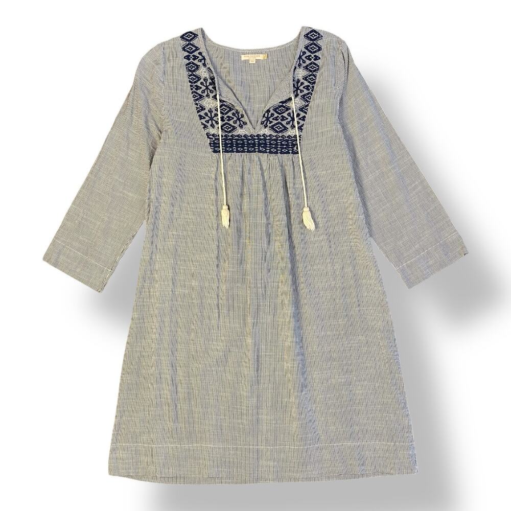 Pink Chicken Blue and White Mini Dress with navy embroidery